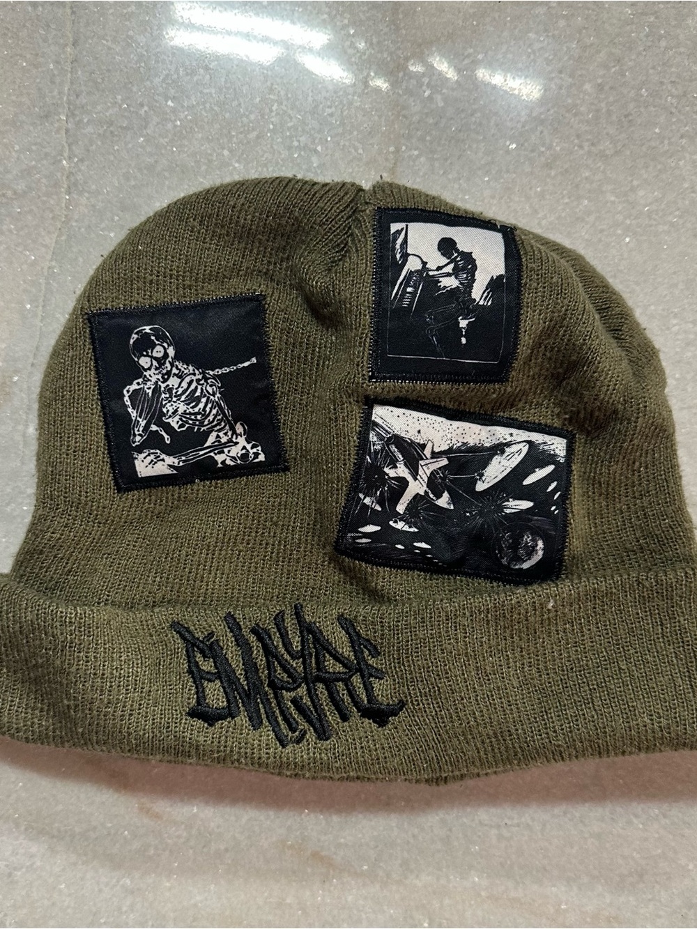 Empyre Olive Green Knit Beanie with Skeleton  Space Patches